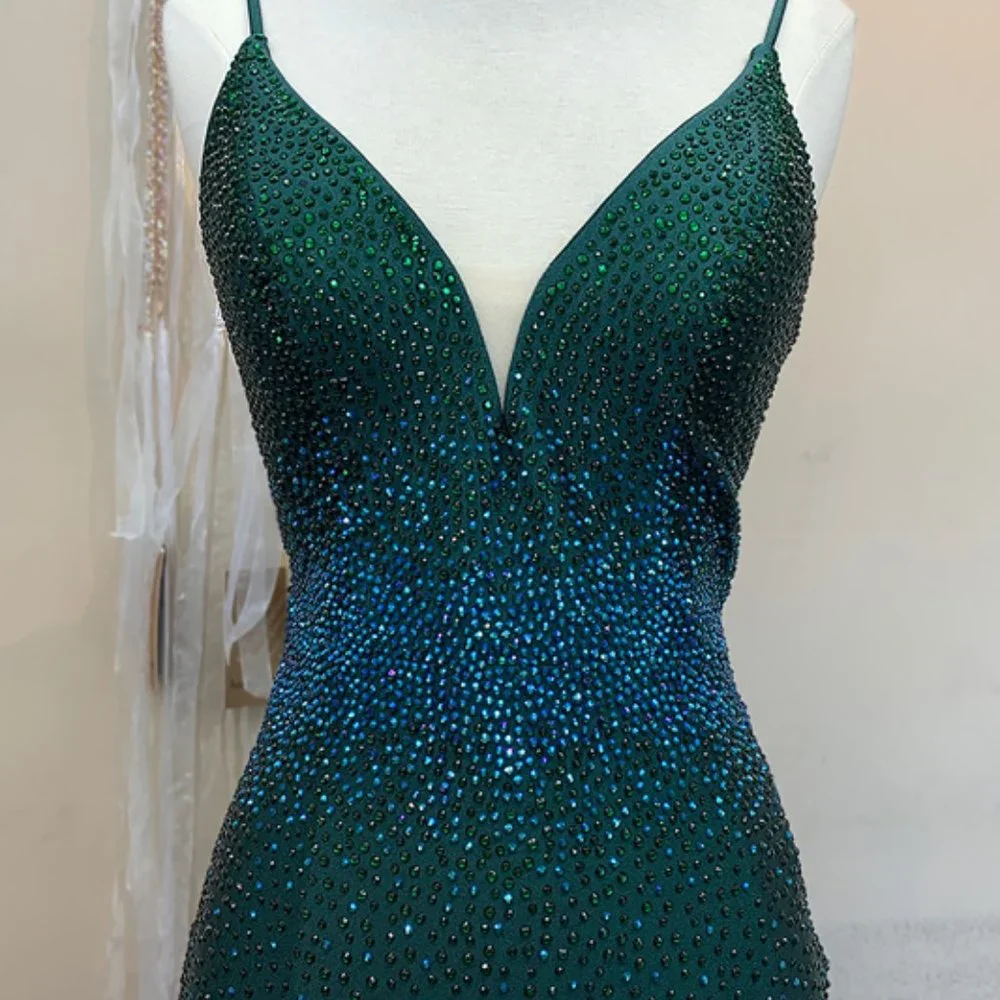 EMERALD GREEN OPEN BACK BEADED SLEEVELESS PROM PARTY SHEATH LONG GOWN ac390_2